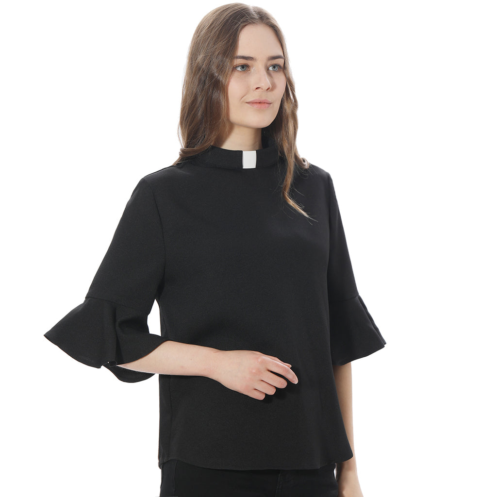 Blessume Women's 3/4 Ruffle Sleeve Clergy Blouse Tab-Collar Shirt