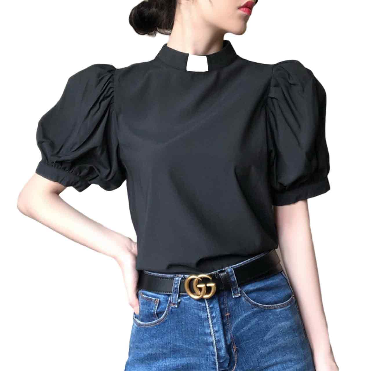 Blessume Lantern-Sleeved Clergy Tab-Collar Blouse