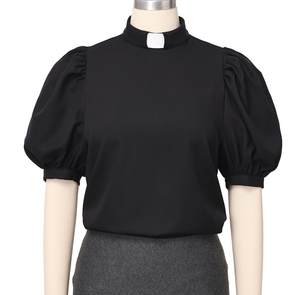 Blessume Lantern-Sleeved Clergy Tab-Collar Blouse