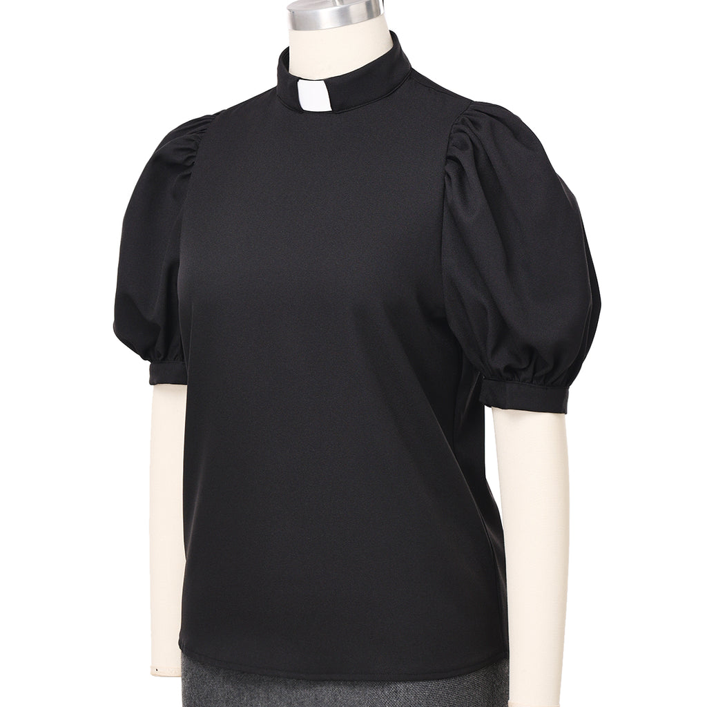 Blessume Lantern-Sleeved Clergy Tab-Collar Blouse