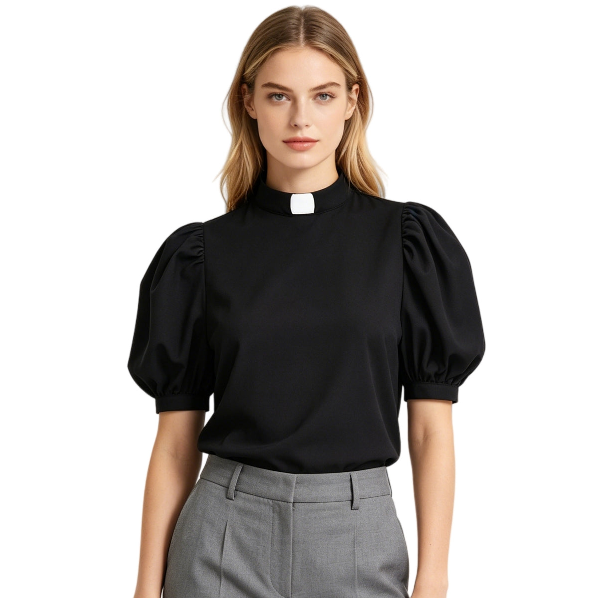 Blessume Lantern-Sleeved Clergy Tab-Collar Blouse