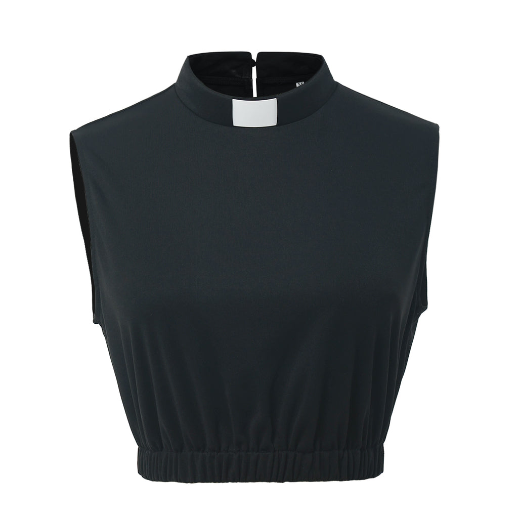 Blessume Women's Sleeveless Clergy Crop Top Shirt with Tab Collar